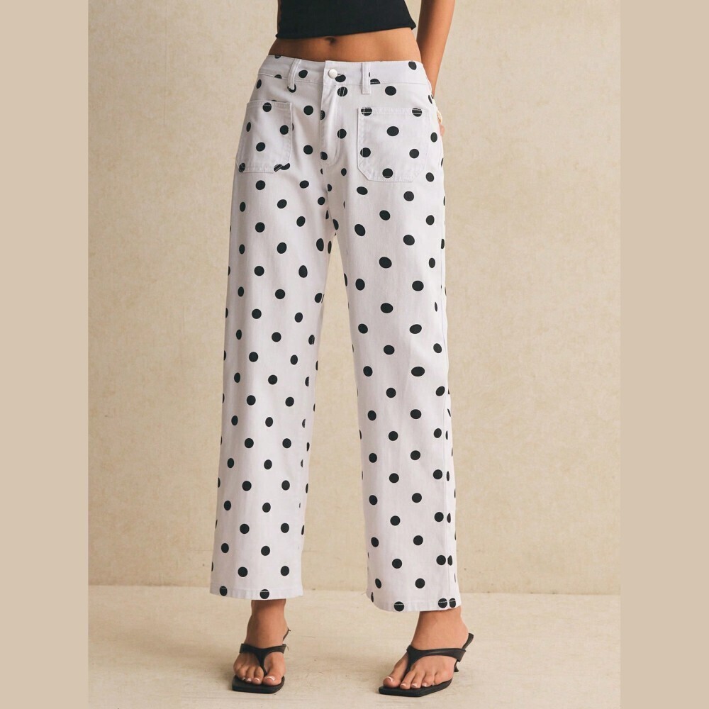 White Polka Dot Denim Cropped Straight Leg Jeans